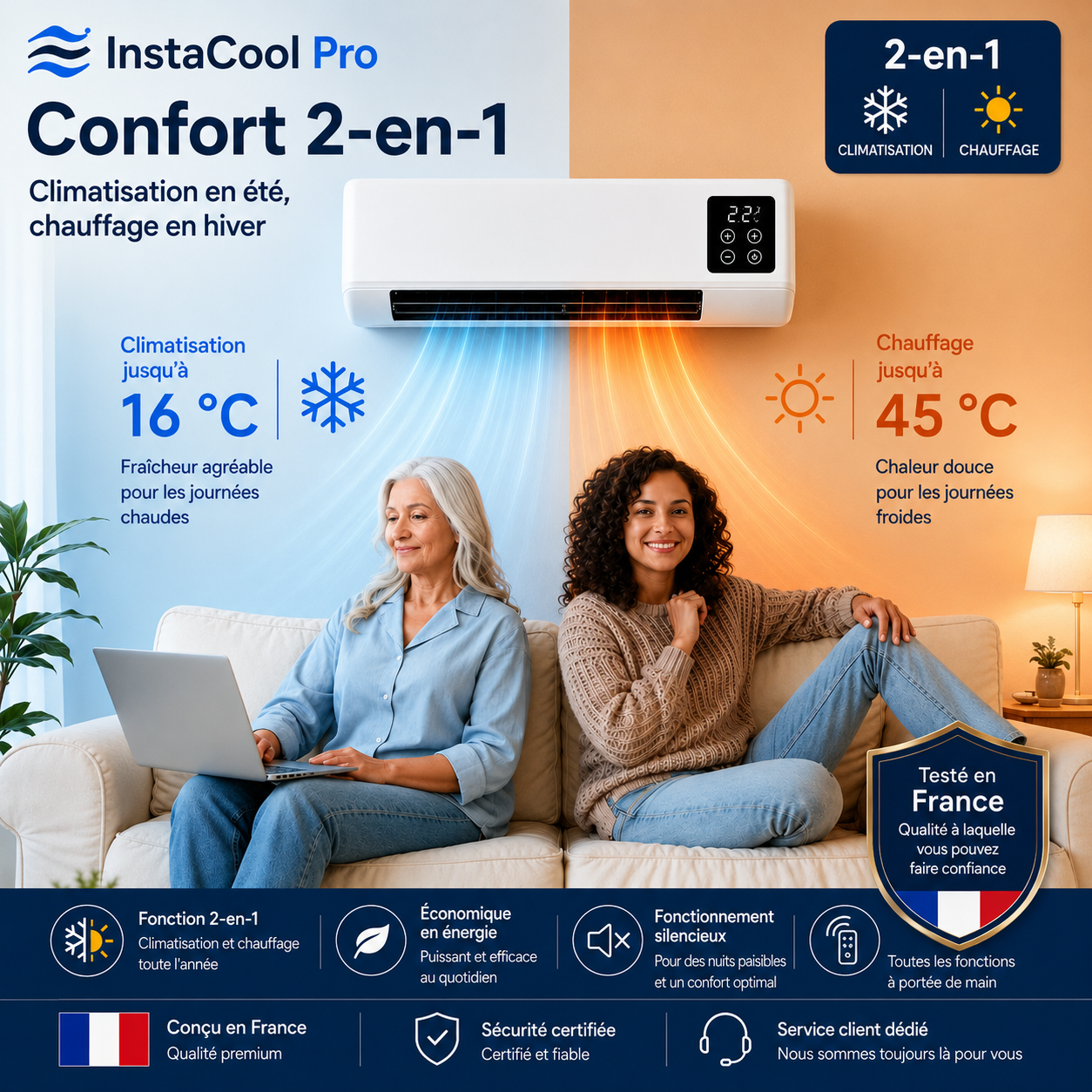 InstaCool Pro – Climatisation & Chauffage – Aucune Installation Nécessaire | 2-en-1 | Pour des espaces jusqu'à 51 m²