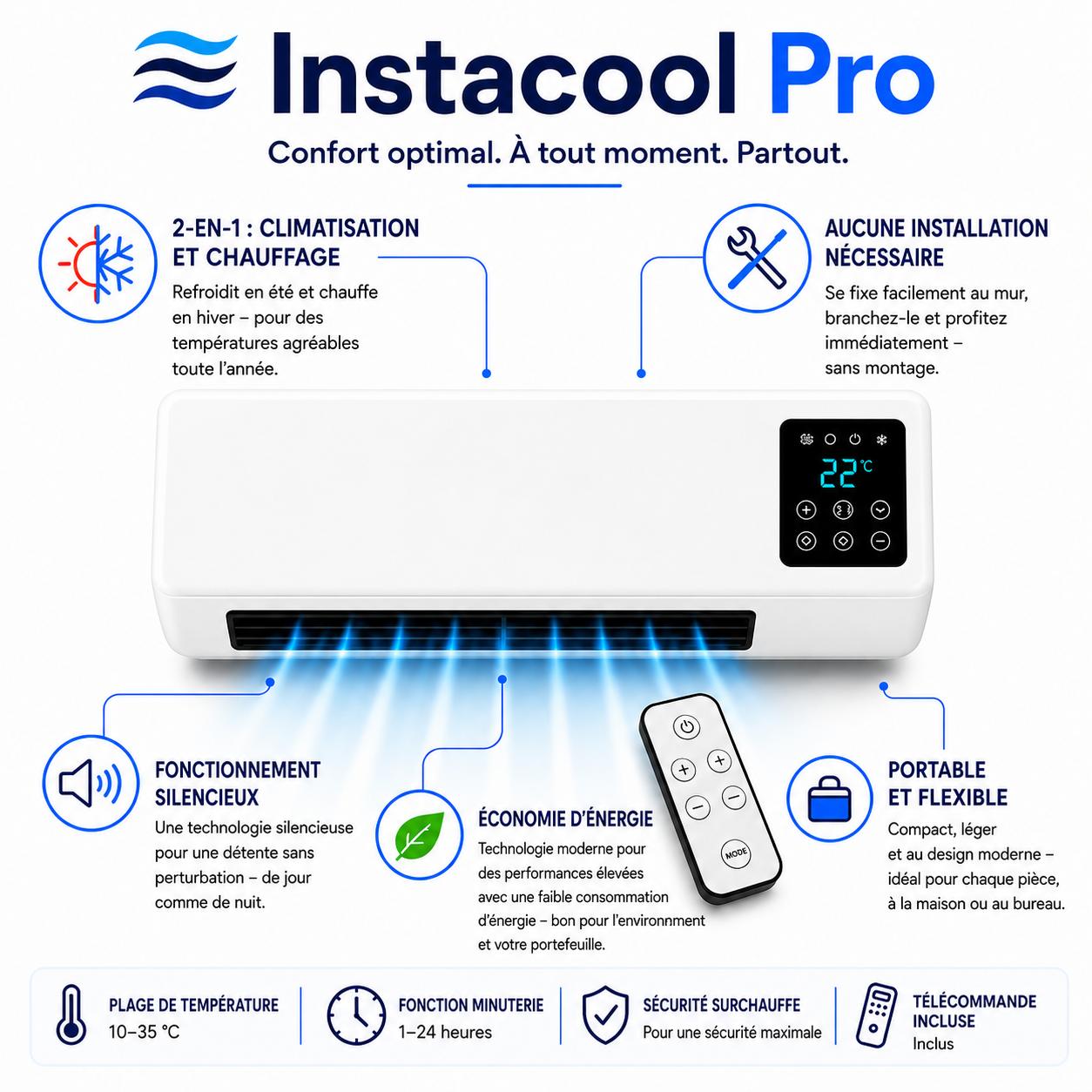 InstaCool Pro – Climatisation & Chauffage – Aucune Installation Nécessaire | 2-en-1 | Pour des espaces jusqu'à 51 m²