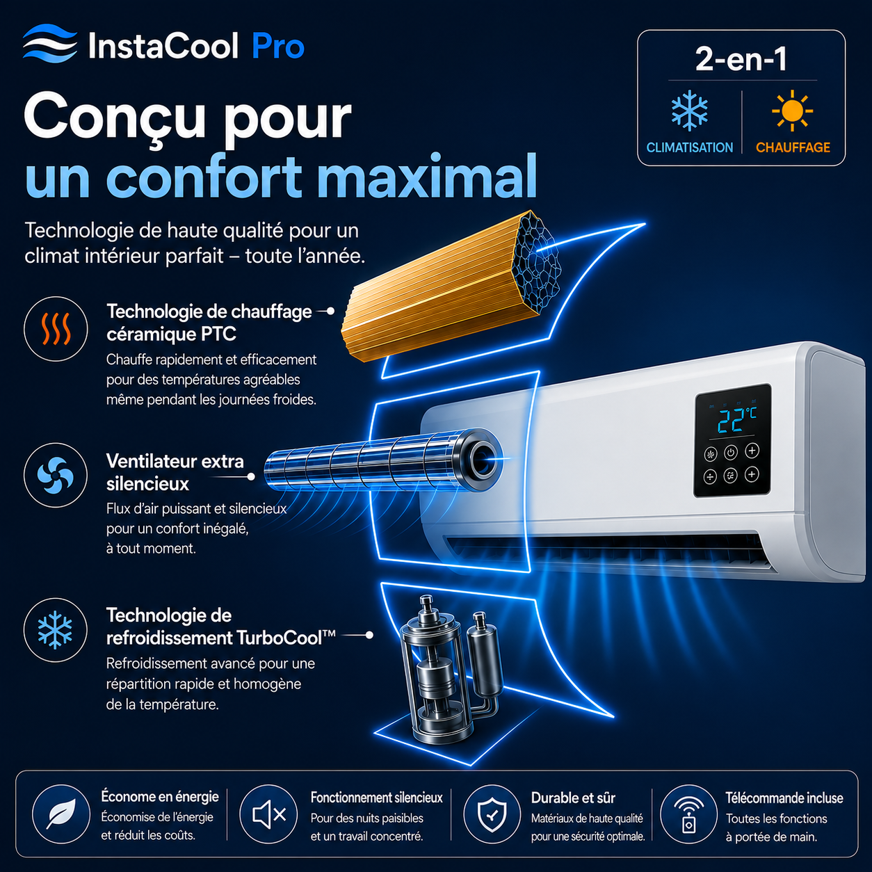 InstaCool Pro – Climatisation & Chauffage – Aucune Installation Nécessaire | 2-en-1 | Pour des espaces jusqu'à 51 m²
