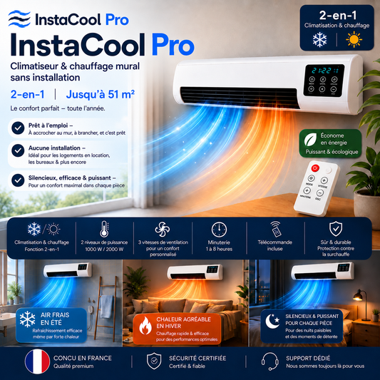 InstaCool Pro – Climatisation & Chauffage – Aucune Installation Nécessaire | 2-en-1 | Pour des espaces jusqu'à 51 m²